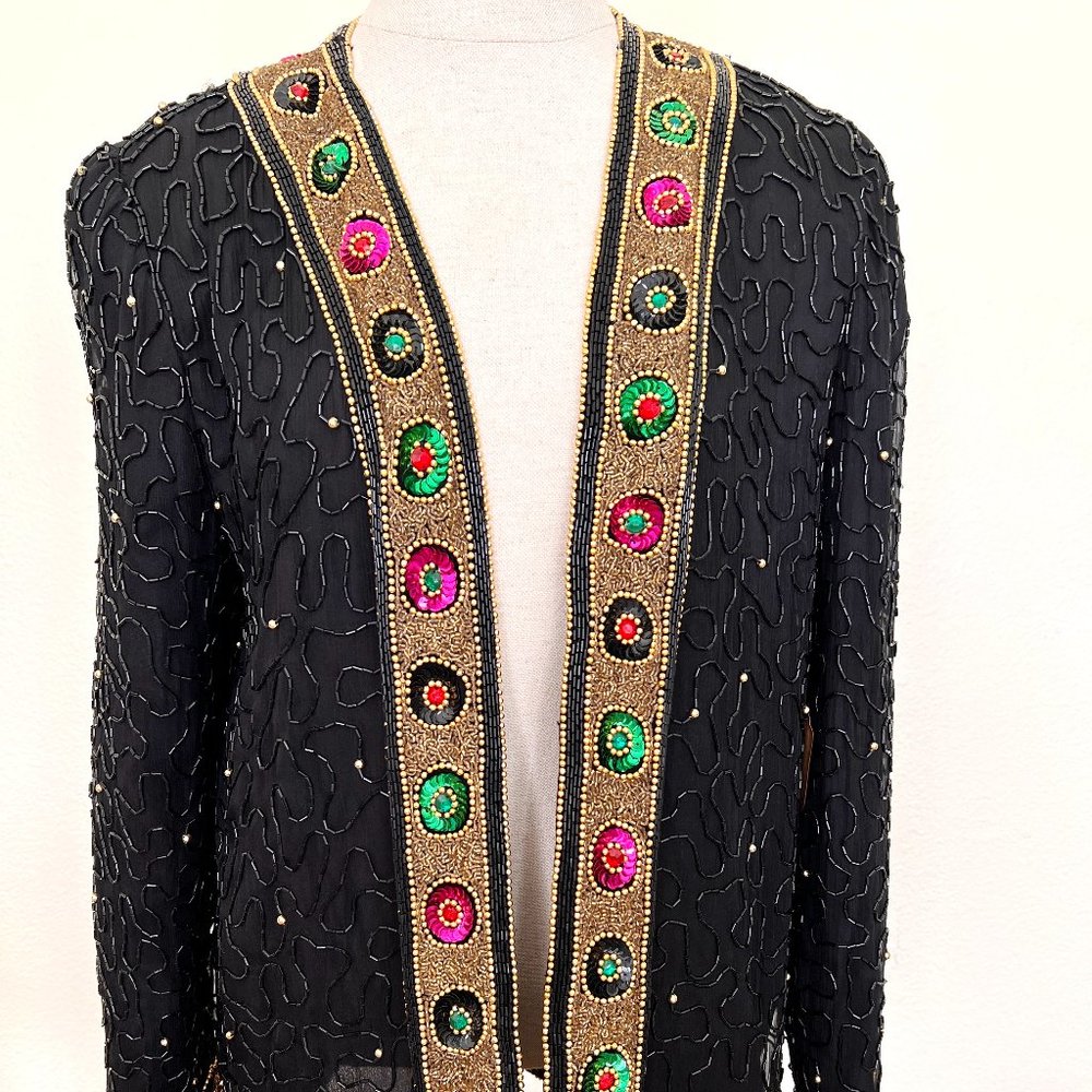 80's Silk Beaded Evening Jacket - Lawrence Kazar - SIze Petite Medium